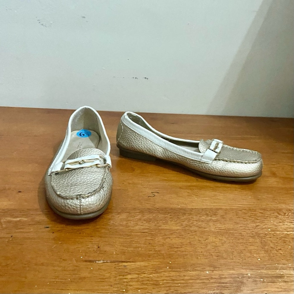 Aerosoles Gold and White Leather Moccasins-Loafers Size-6.5M