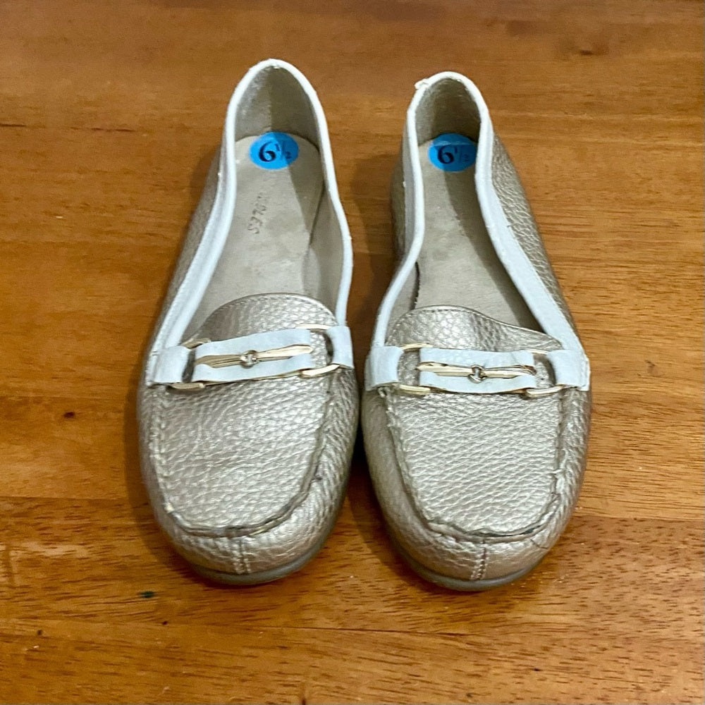 Aerosoles Gold and White Leather Moccasins-Loafers Size-6.5M