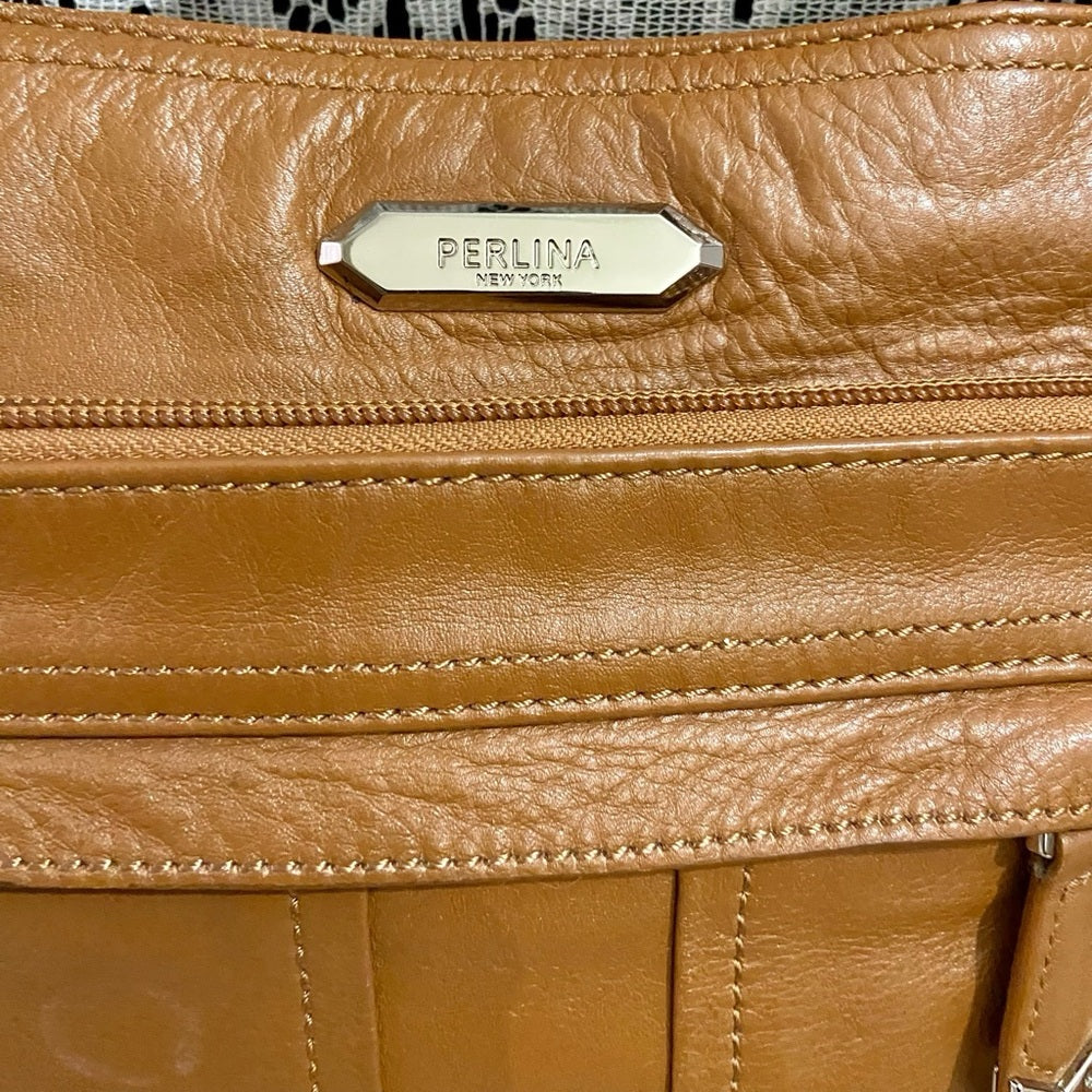Perlina NY Brown Genuine Leather Crossbody Bag 10in x 10in