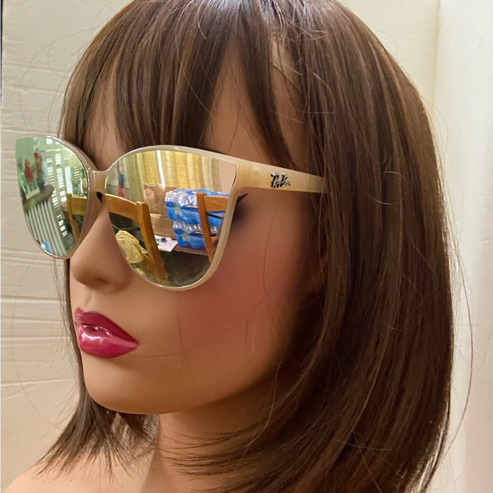Ray-Ban Oversized Cats Eye Tan-Cream Mirrored Sunglasses
