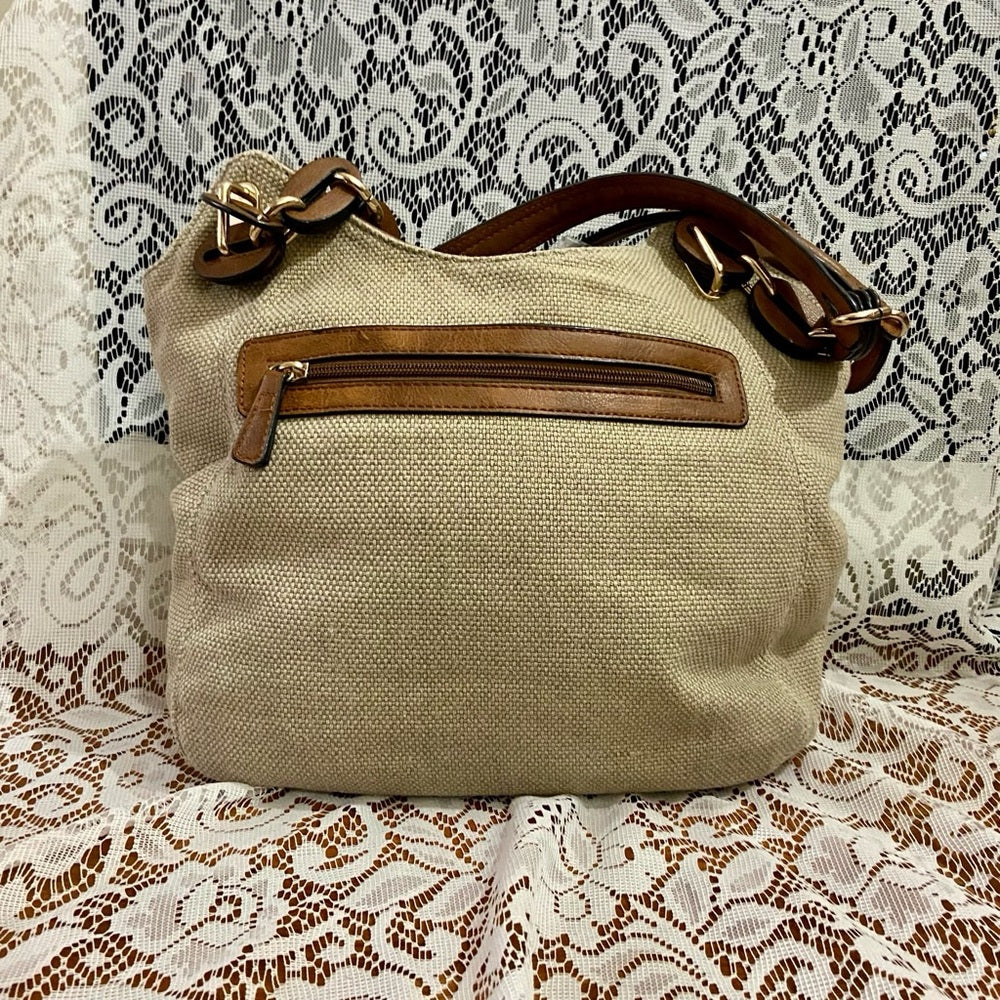 Clark’s Beige Linen-Canvas with Brown Leather Trim and Strap Shoulder Bag
