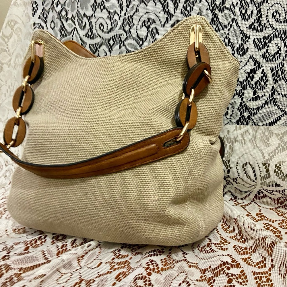 Clark’s Beige Linen-Canvas with Brown Leather Trim and Strap Shoulder Bag