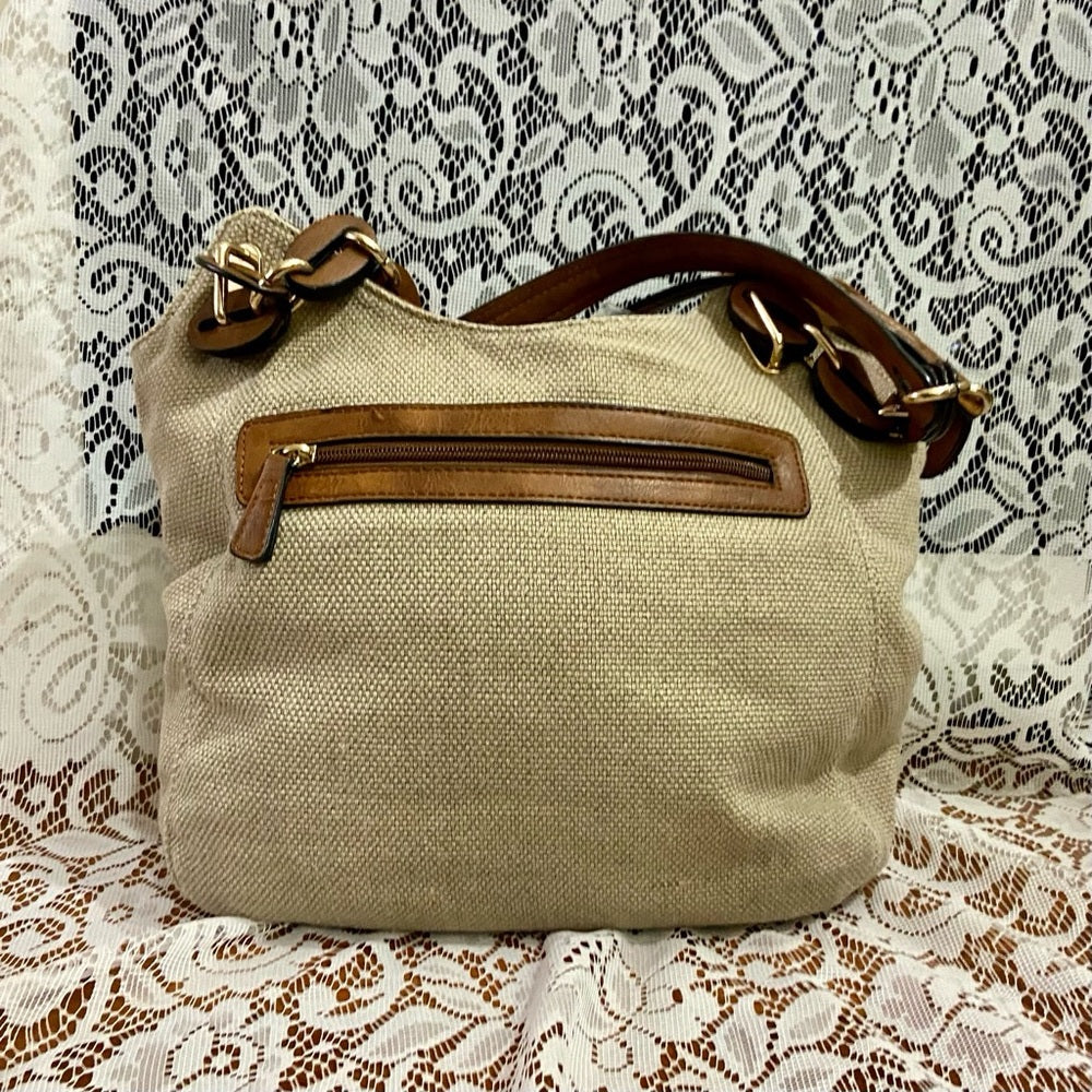 Clark’s Beige Linen-Canvas with Brown Leather Trim and Strap Shoulder Bag