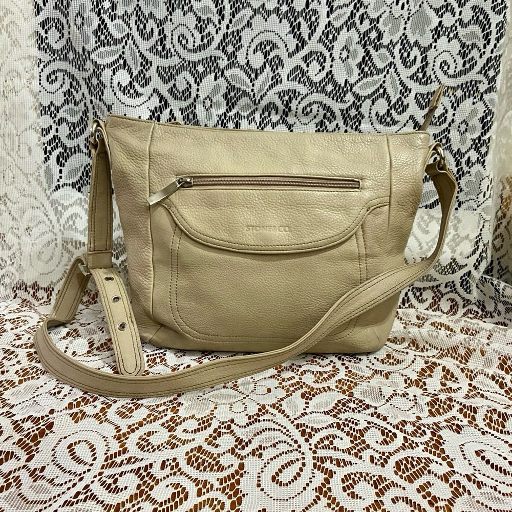 Stone & Co., Beige Genuine Leather Shoulder-Crossbody Bag 9.5in x 9.5in x 3in
