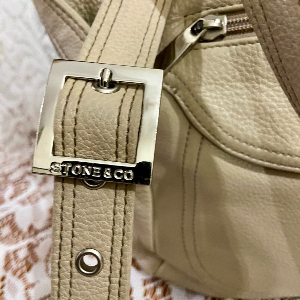 Stone & Co., Beige Genuine Leather Shoulder-Crossbody Bag 9.5in x 9.5in x 3in