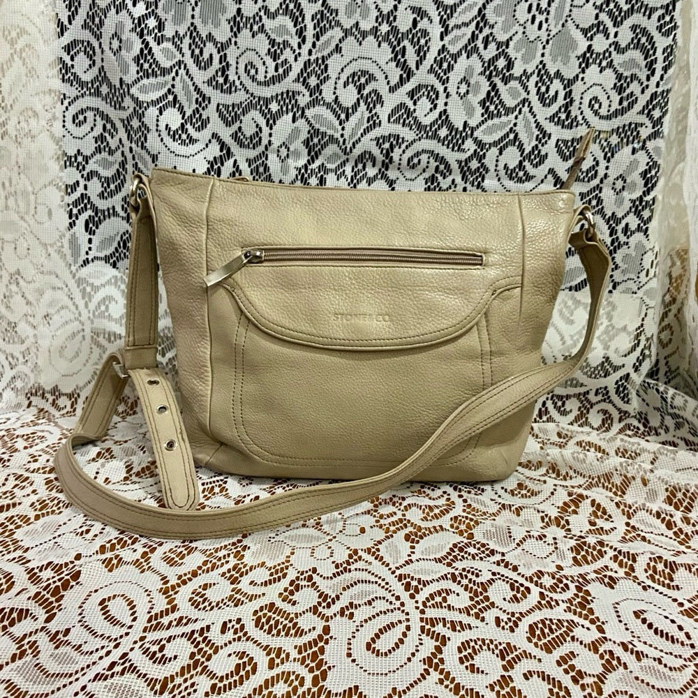 Stone & Co., Beige Genuine Leather Shoulder-Crossbody Bag 9.5in x 9.5in x 3in