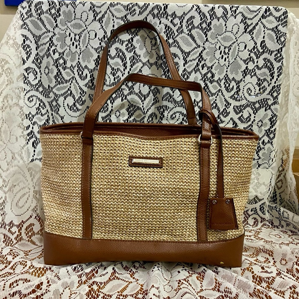Dana Bachman Beige Straw with Brown Leather Trim and Strap Shoulder Bag