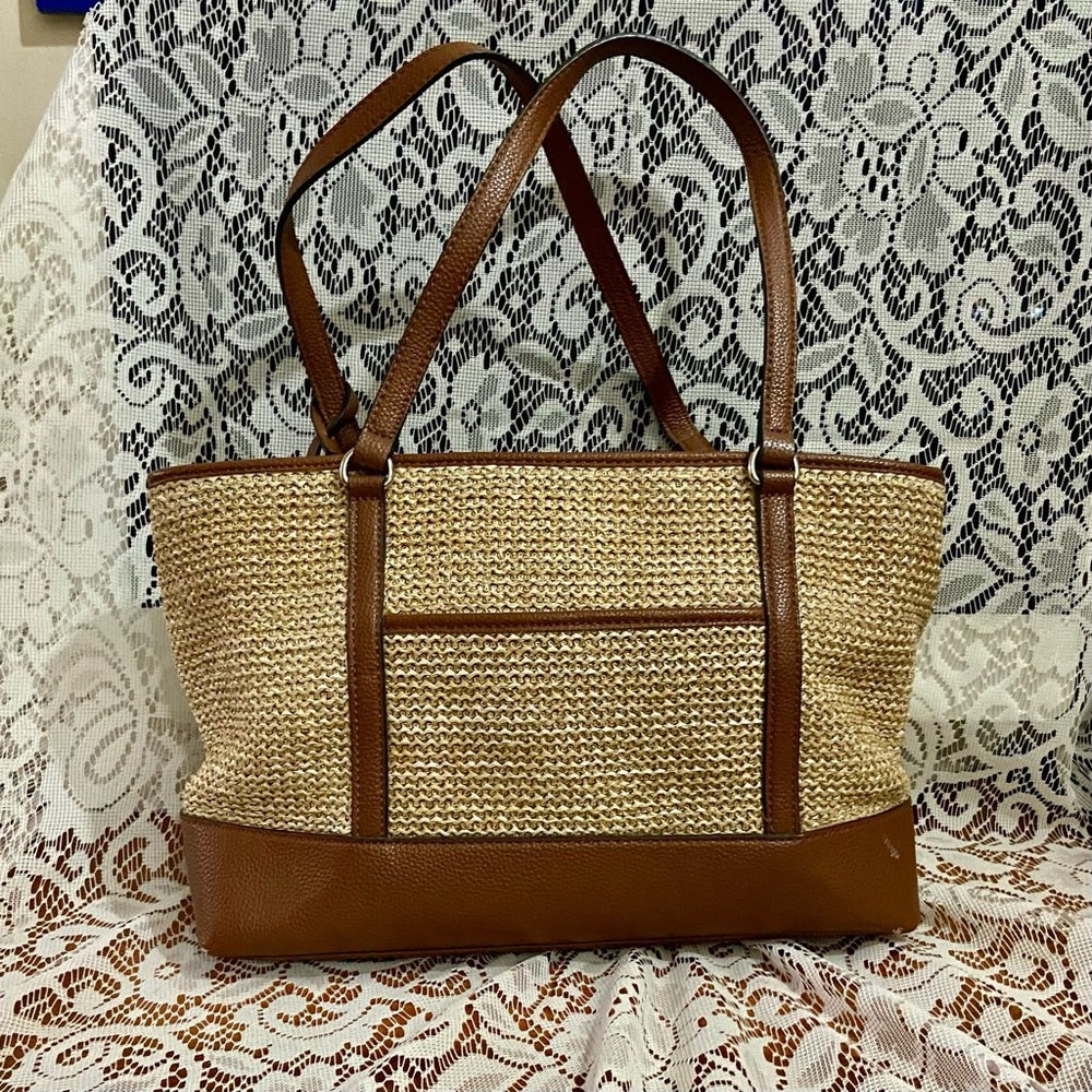 Dana Bachman Beige Straw with Brown Leather Trim and Strap Shoulder Bag