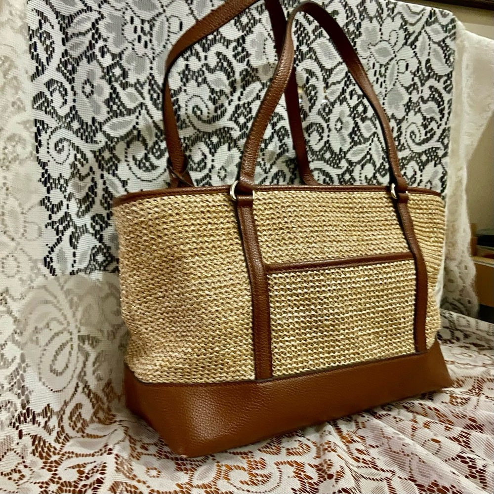 Dana Bachman Beige Straw with Brown Leather Trim and Strap Shoulder Bag