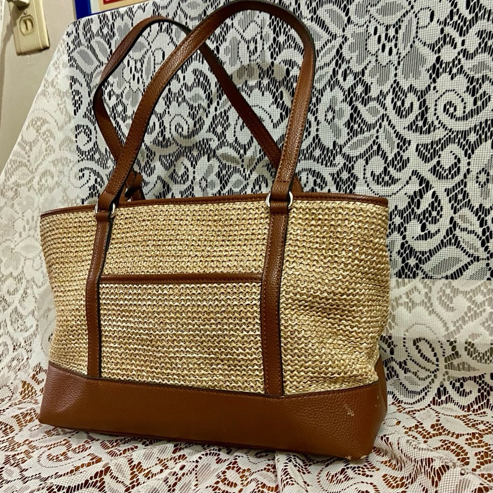 Dana Bachman Beige Straw with Brown Leather Trim and Strap Shoulder Bag
