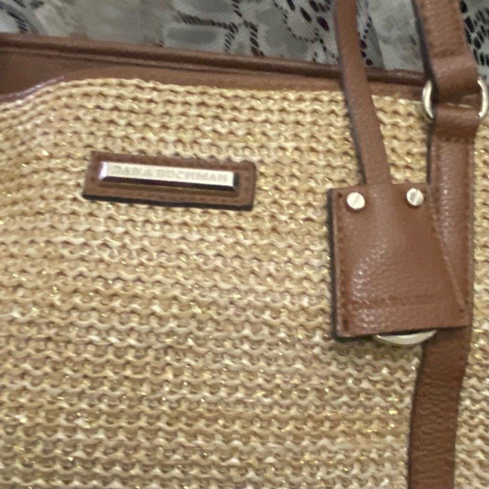 Dana Bachman Beige Straw with Brown Leather Trim and Strap Shoulder Bag