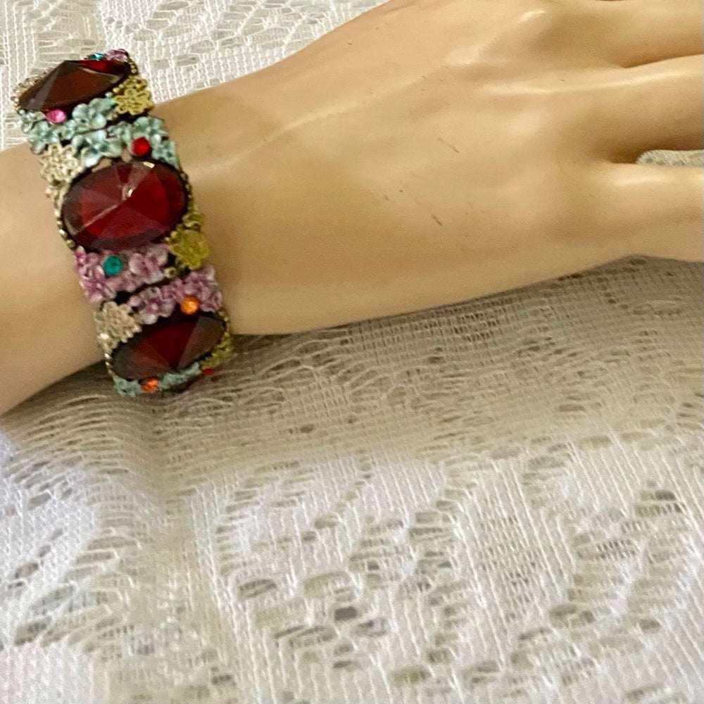 Lot of 3 Vintage Cuff, Floral Enamel Rhinestones Bangles
