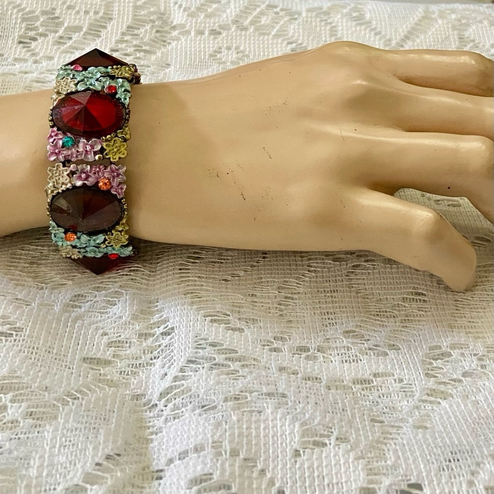 Lot of 3 Vintage Cuff, Floral Enamel Rhinestones Bangles