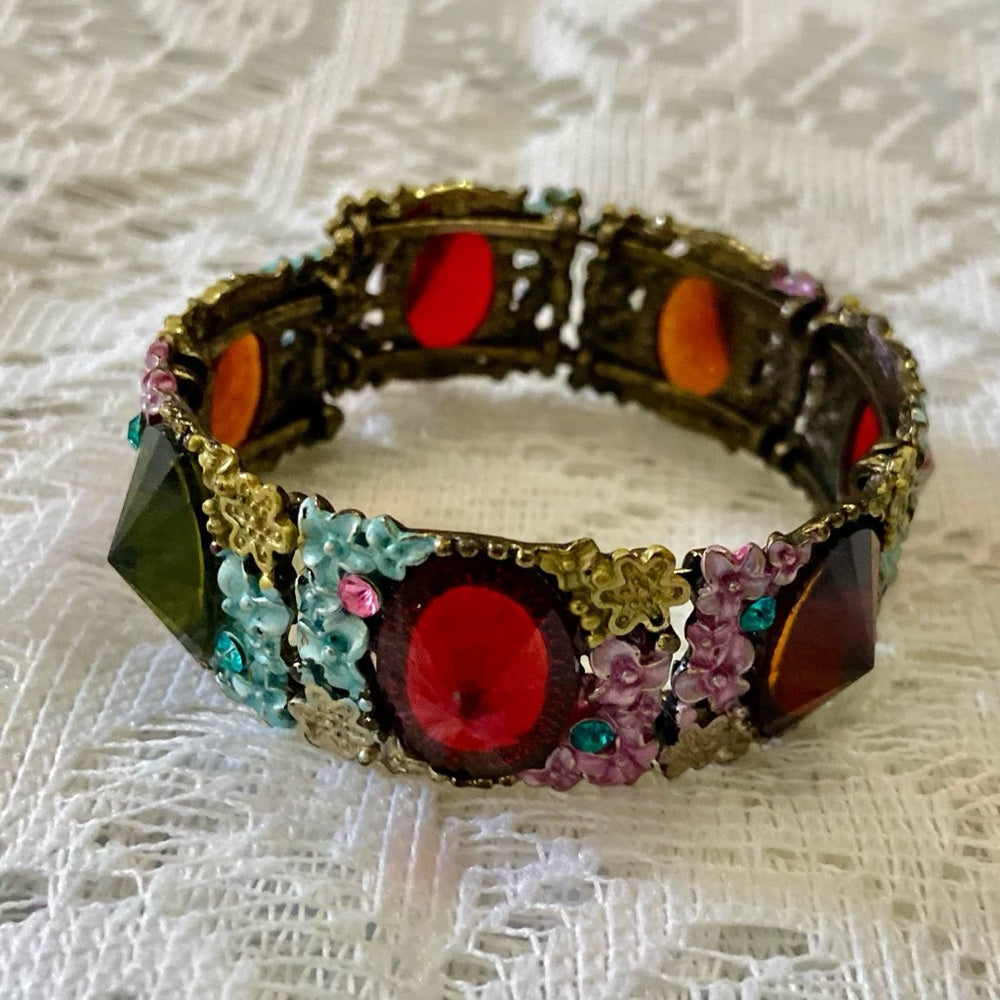 Lot of 3 Vintage Cuff, Floral Enamel Rhinestones Bangles