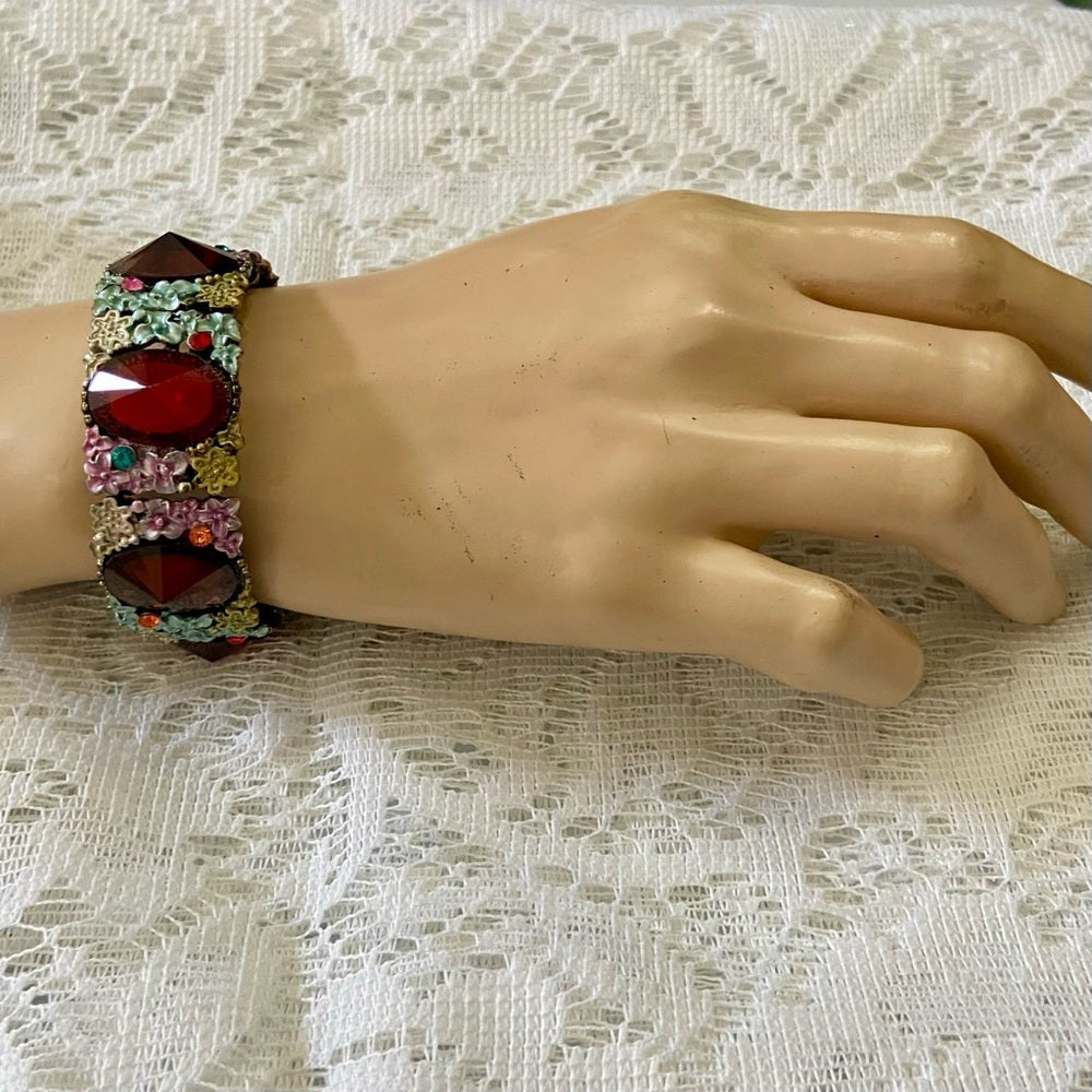 Lot of 3 Vintage Cuff, Floral Enamel Rhinestones Bangles