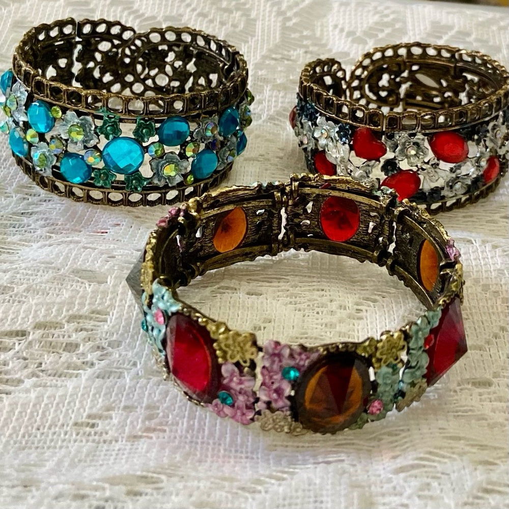 Lot of 3 Vintage Cuff, Floral Enamel Rhinestones Bangles