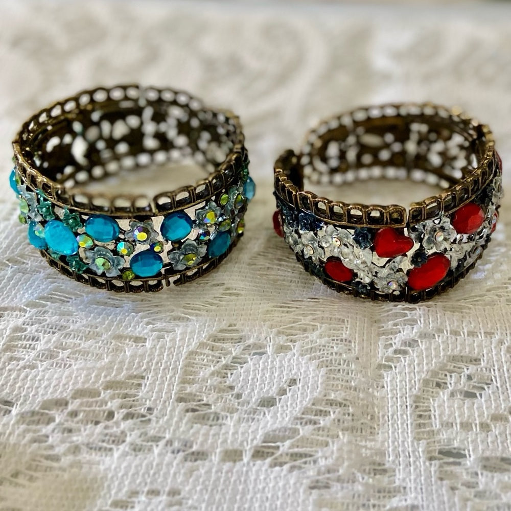 Lot of 3 Vintage Cuff, Floral Enamel Rhinestones Bangles