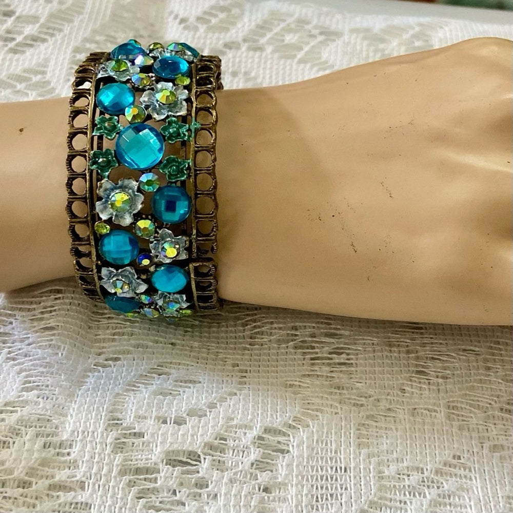 Lot of 3 Vintage Cuff, Floral Enamel Rhinestones Bangles