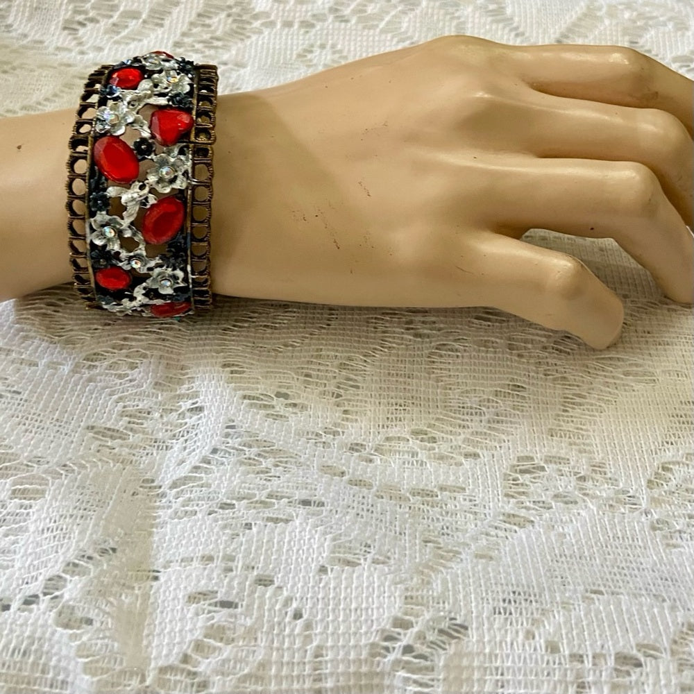 Lot of 3 Vintage Cuff, Floral Enamel Rhinestones Bangles