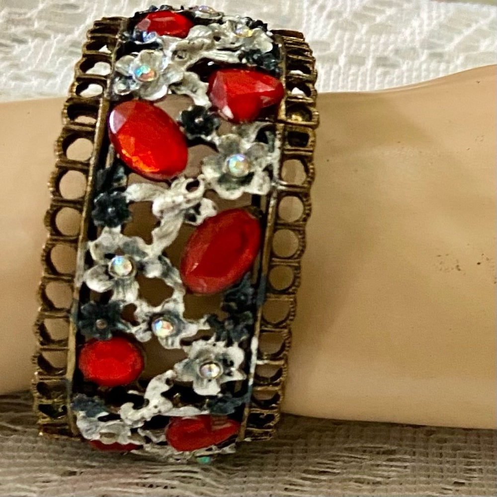 Lot of 3 Vintage Cuff, Floral Enamel Rhinestones Bangles