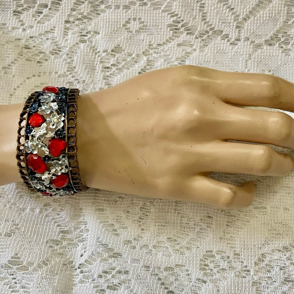 Lot of 3 Vintage Cuff, Floral Enamel Rhinestones Bangles