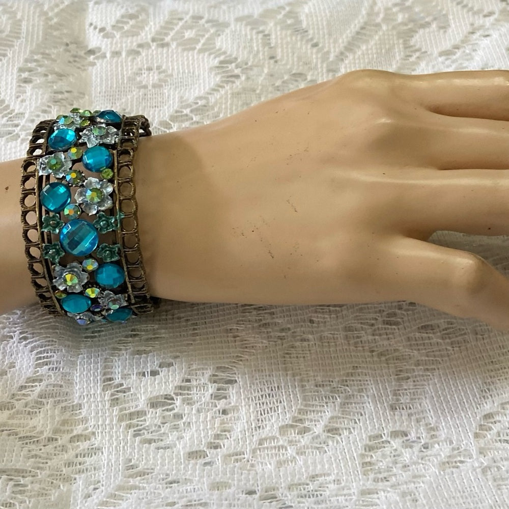 Lot of 3 Vintage Cuff, Floral Enamel Rhinestones Bangles