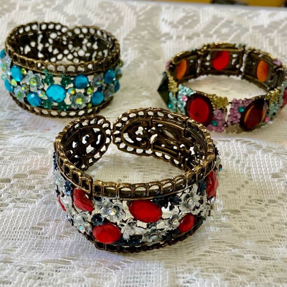 Lot of 3 Vintage Cuff, Floral Enamel Rhinestones Bangles