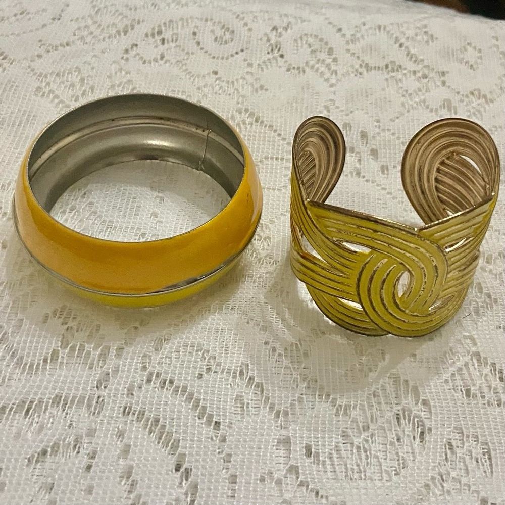 Lot of 2 Vintage Chunky Yellow Interlocking Cuff Bangle; Orange-Yellow Bangle