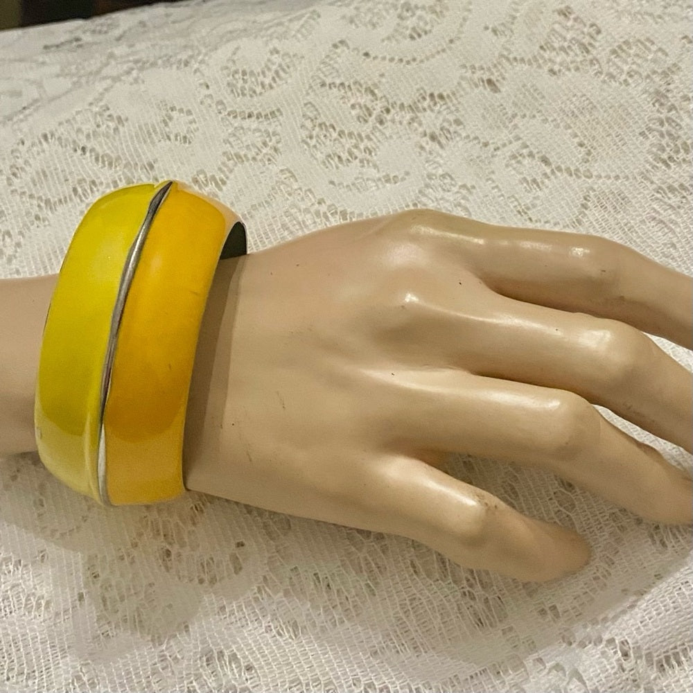 Lot of 2 Vintage Chunky Yellow Interlocking Cuff Bangle; Orange-Yellow Bangle