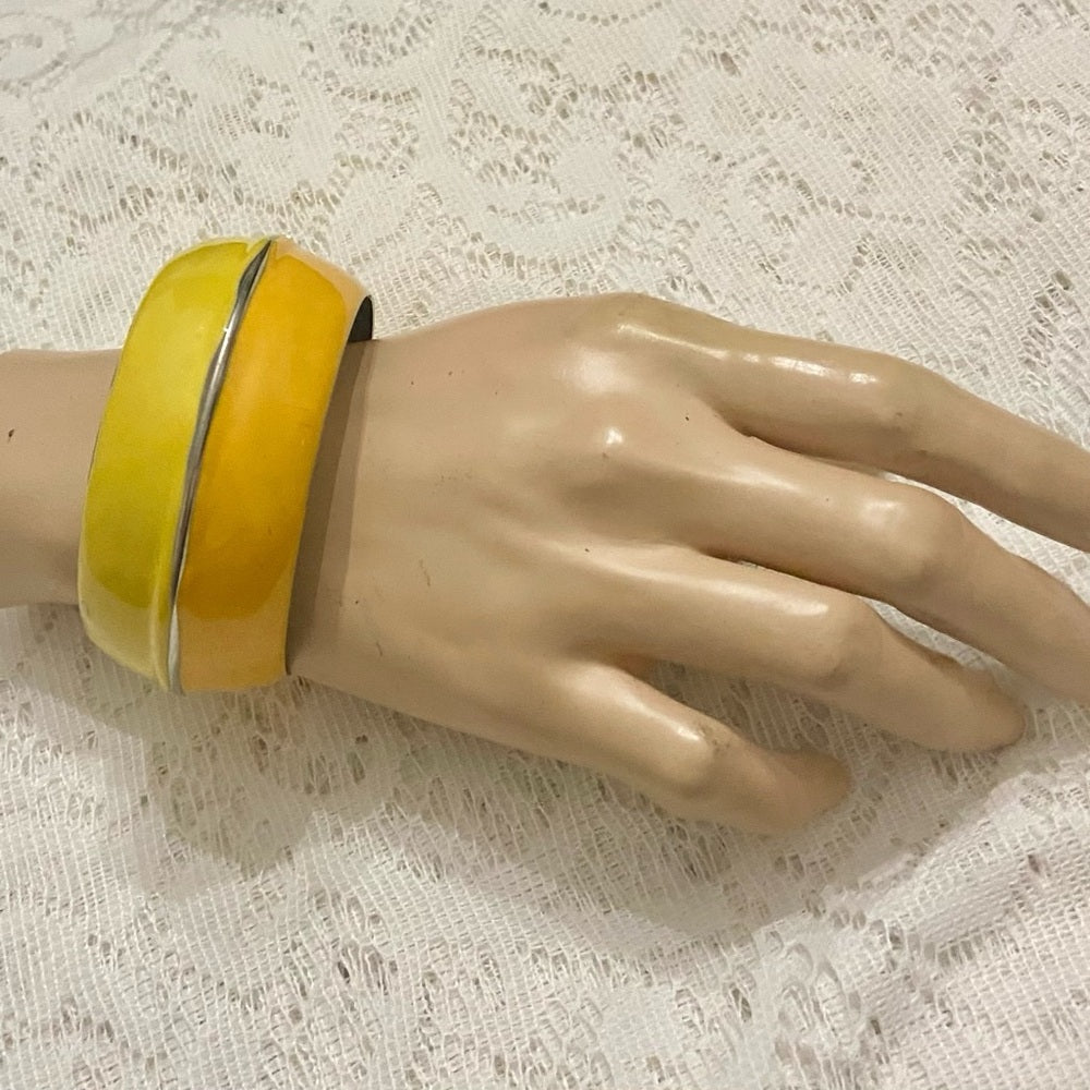 Lot of 2 Vintage Chunky Yellow Interlocking Cuff Bangle; Orange-Yellow Bangle