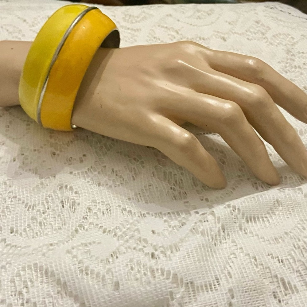 Lot of 2 Vintage Chunky Yellow Interlocking Cuff Bangle; Orange-Yellow Bangle