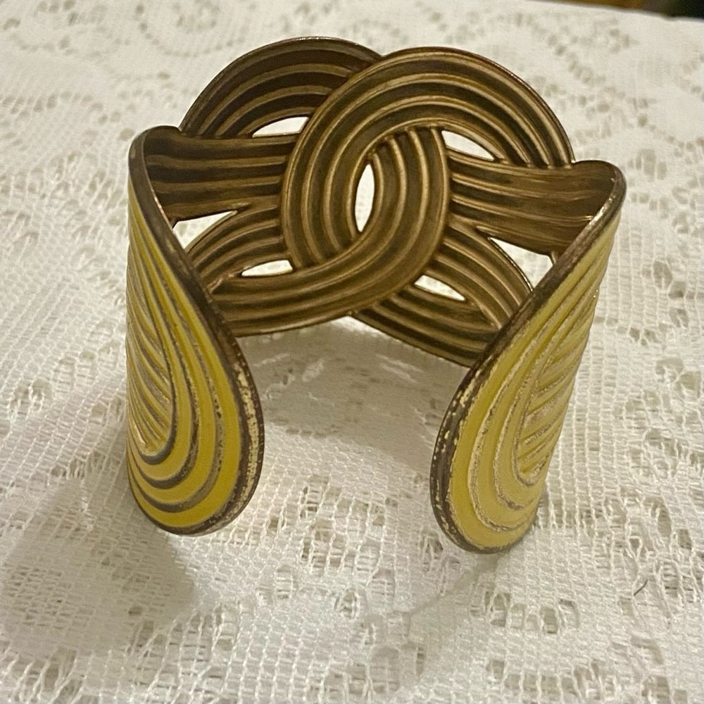 Lot of 2 Vintage Chunky Yellow Interlocking Cuff Bangle; Orange-Yellow Bangle