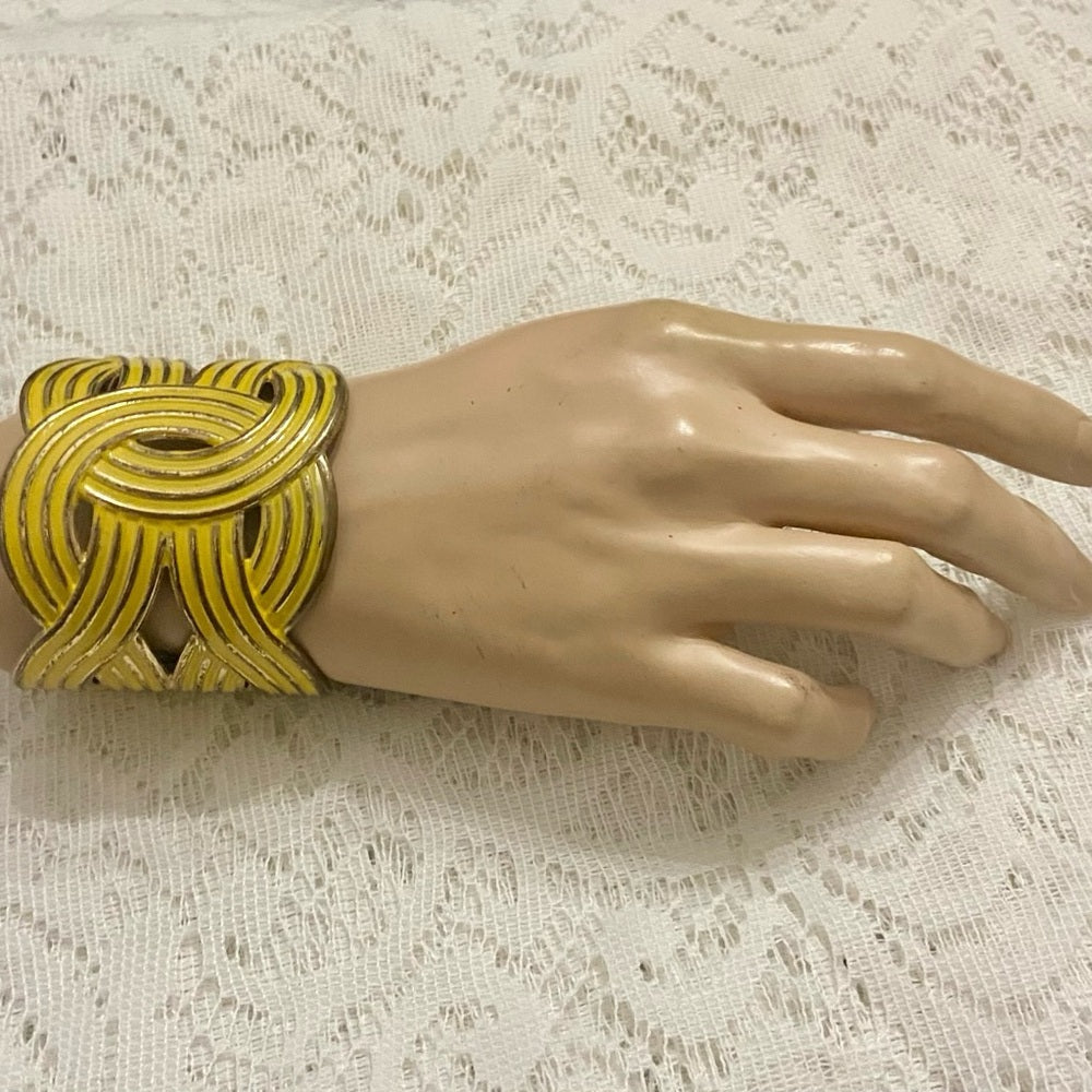 Lot of 2 Vintage Chunky Yellow Interlocking Cuff Bangle; Orange-Yellow Bangle