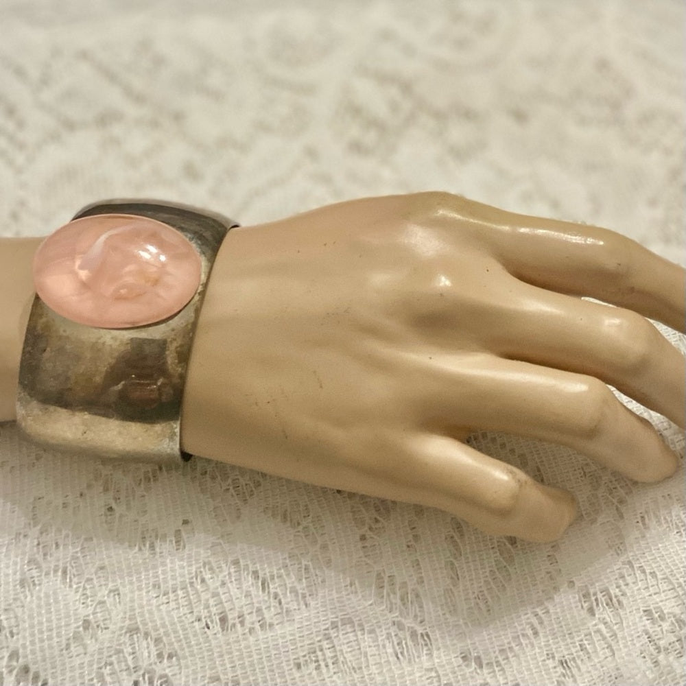 Lot of 2 Vintage, Chunky, Brown Enamel Hinged Bangle; Pink Agate Silver Bangle