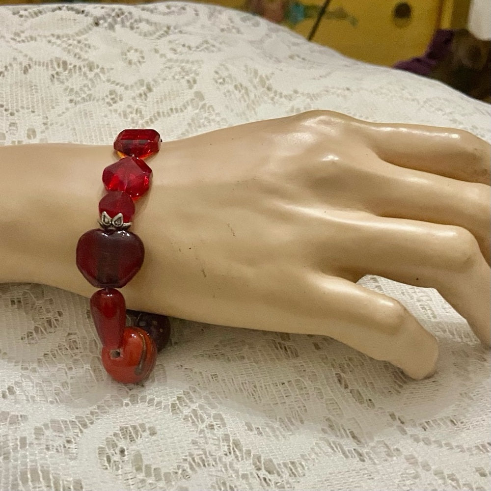 Lot of 3 Vintage, Glass Beaded Bracelets- Red, Beige, Brown-Green Cuff Bracelet