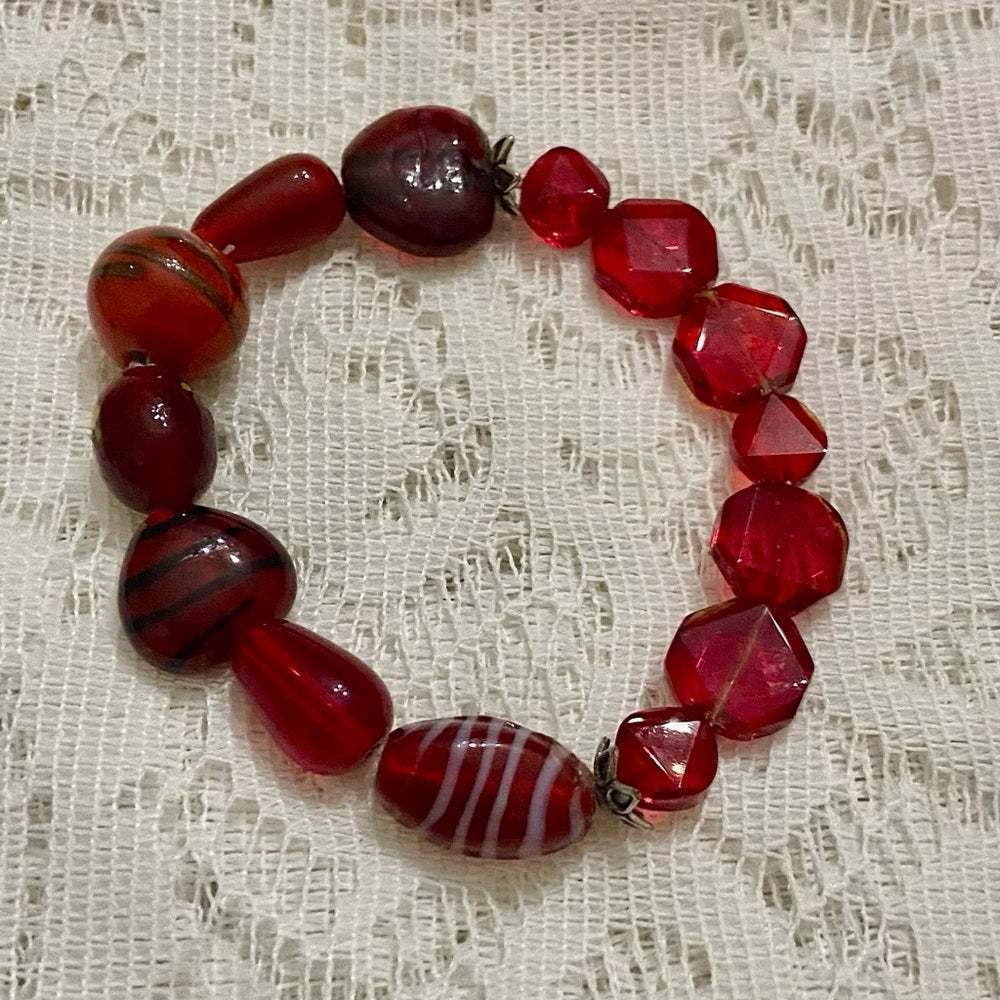 Lot of 3 Vintage, Glass Beaded Bracelets- Red, Beige, Brown-Green Cuff Bracelet