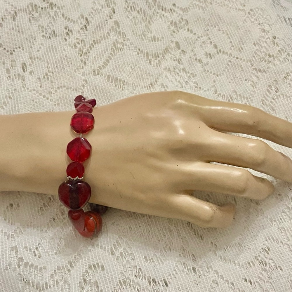 Lot of 3 Vintage, Glass Beaded Bracelets- Red, Beige, Brown-Green Cuff Bracelet