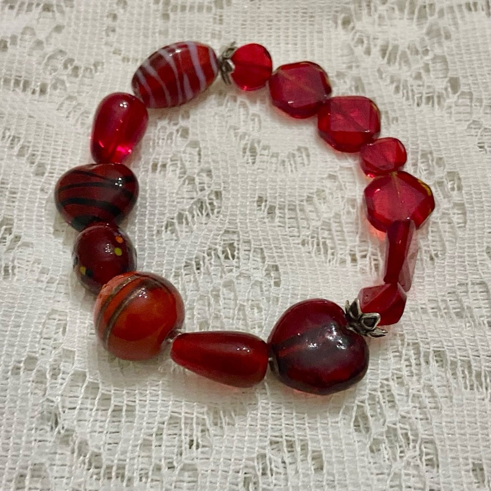 Lot of 3 Vintage, Glass Beaded Bracelets- Red, Beige, Brown-Green Cuff Bracelet