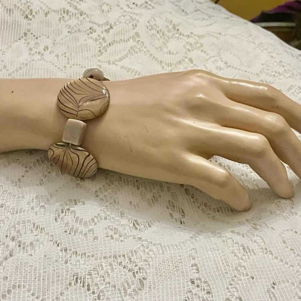 Lot of 3 Vintage, Glass Beaded Bracelets- Red, Beige, Brown-Green Cuff Bracelet