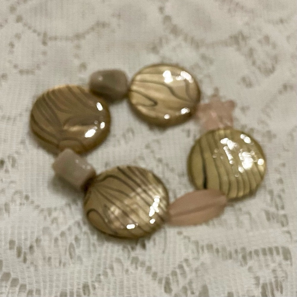 Lot of 3 Vintage, Glass Beaded Bracelets- Red, Beige, Brown-Green Cuff Bracelet