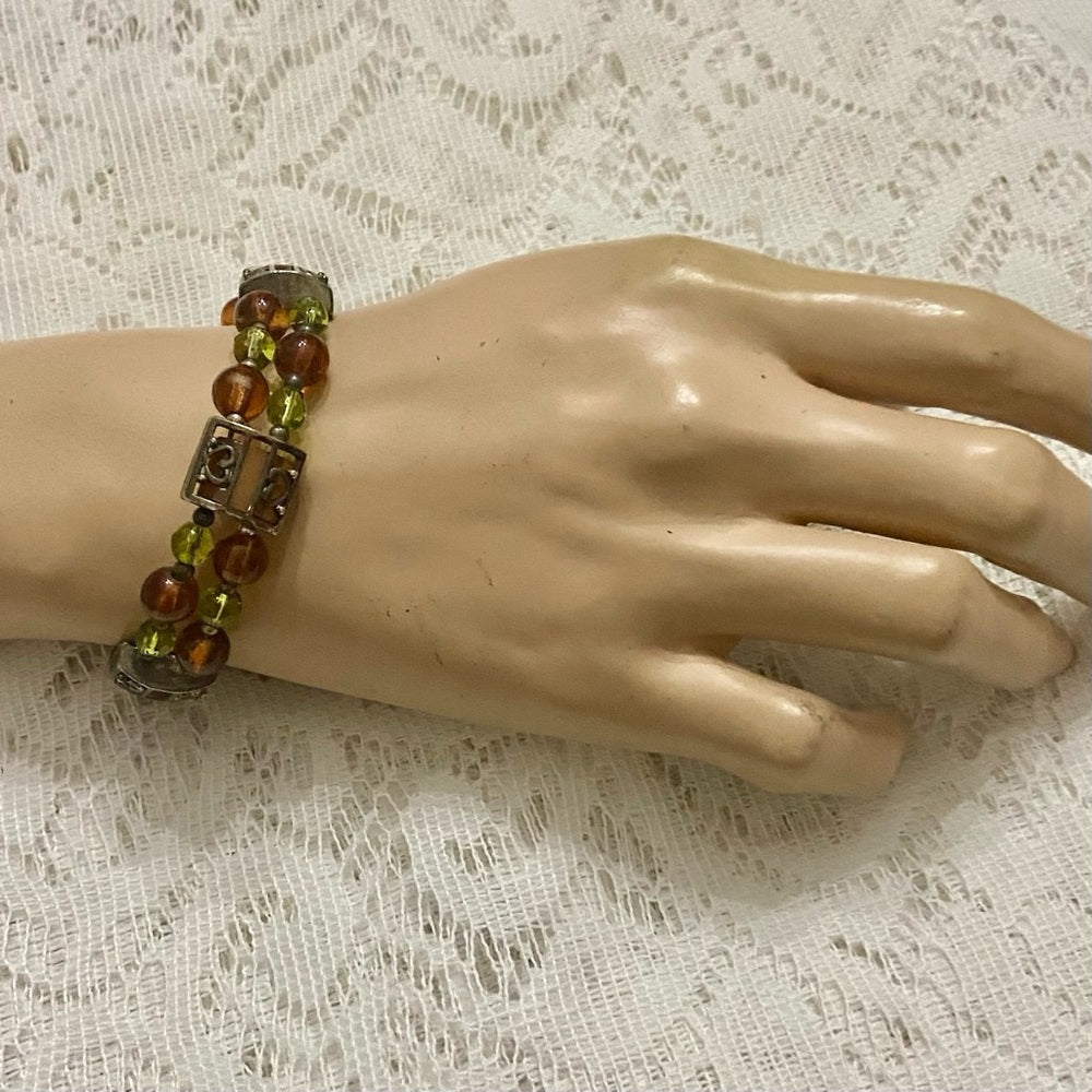 Lot of 3 Vintage, Glass Beaded Bracelets- Red, Beige, Brown-Green Cuff Bracelet