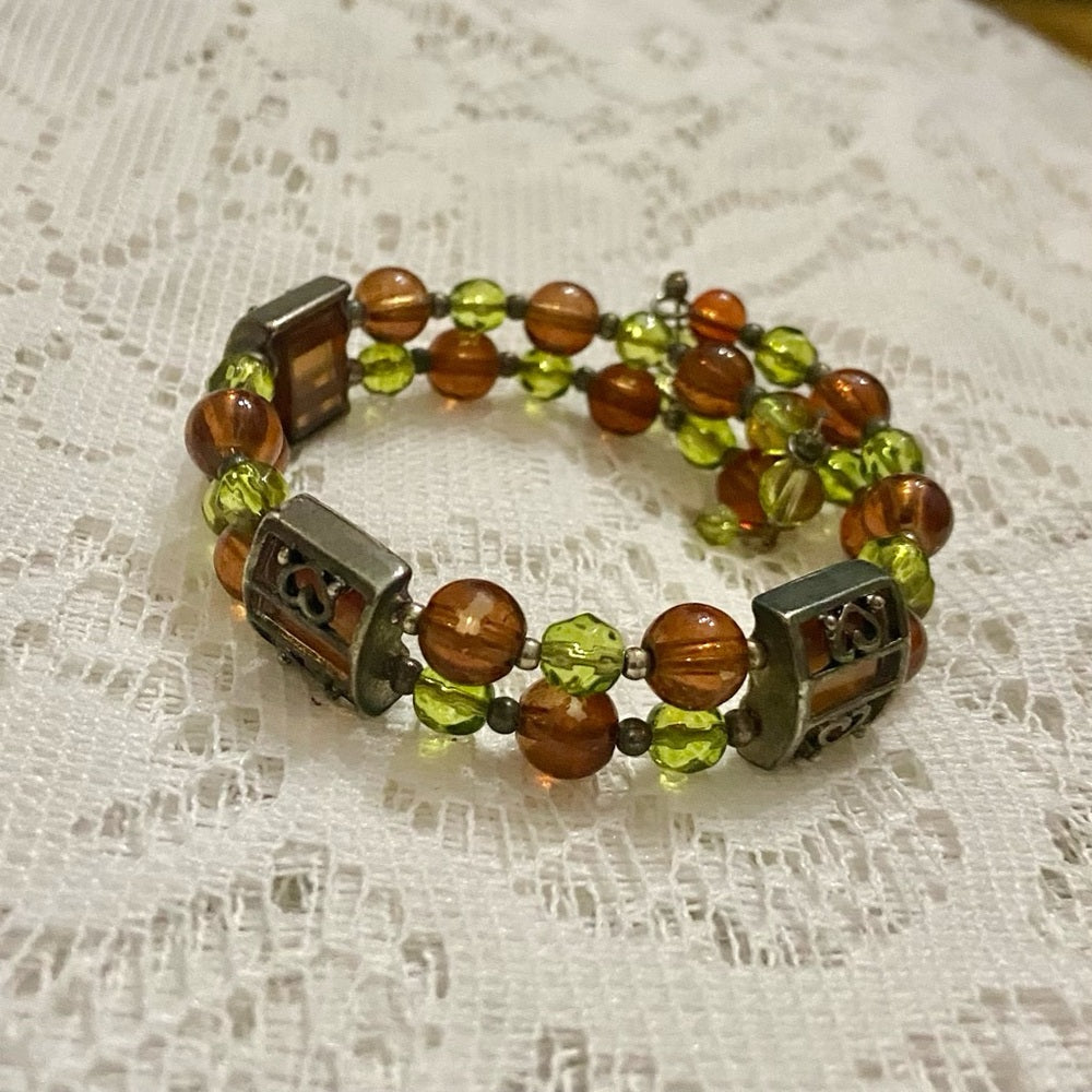 Lot of 3 Vintage, Glass Beaded Bracelets- Red, Beige, Brown-Green Cuff Bracelet