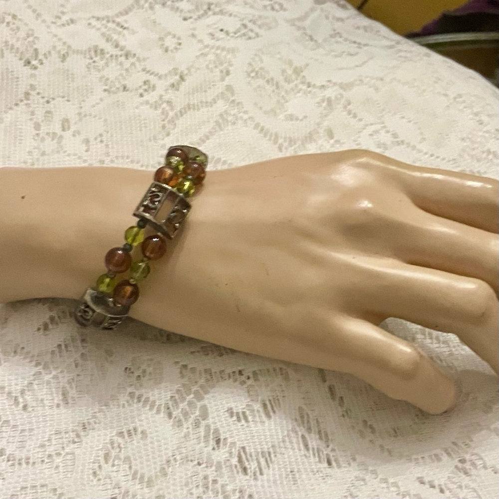 Lot of 3 Vintage, Glass Beaded Bracelets- Red, Beige, Brown-Green Cuff Bracelet