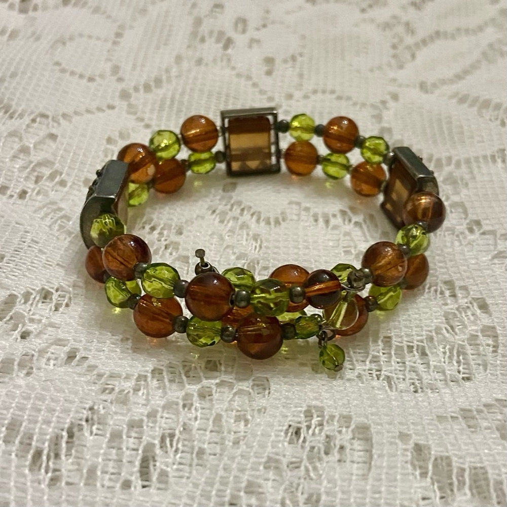 Lot of 3 Vintage, Glass Beaded Bracelets- Red, Beige, Brown-Green Cuff Bracelet