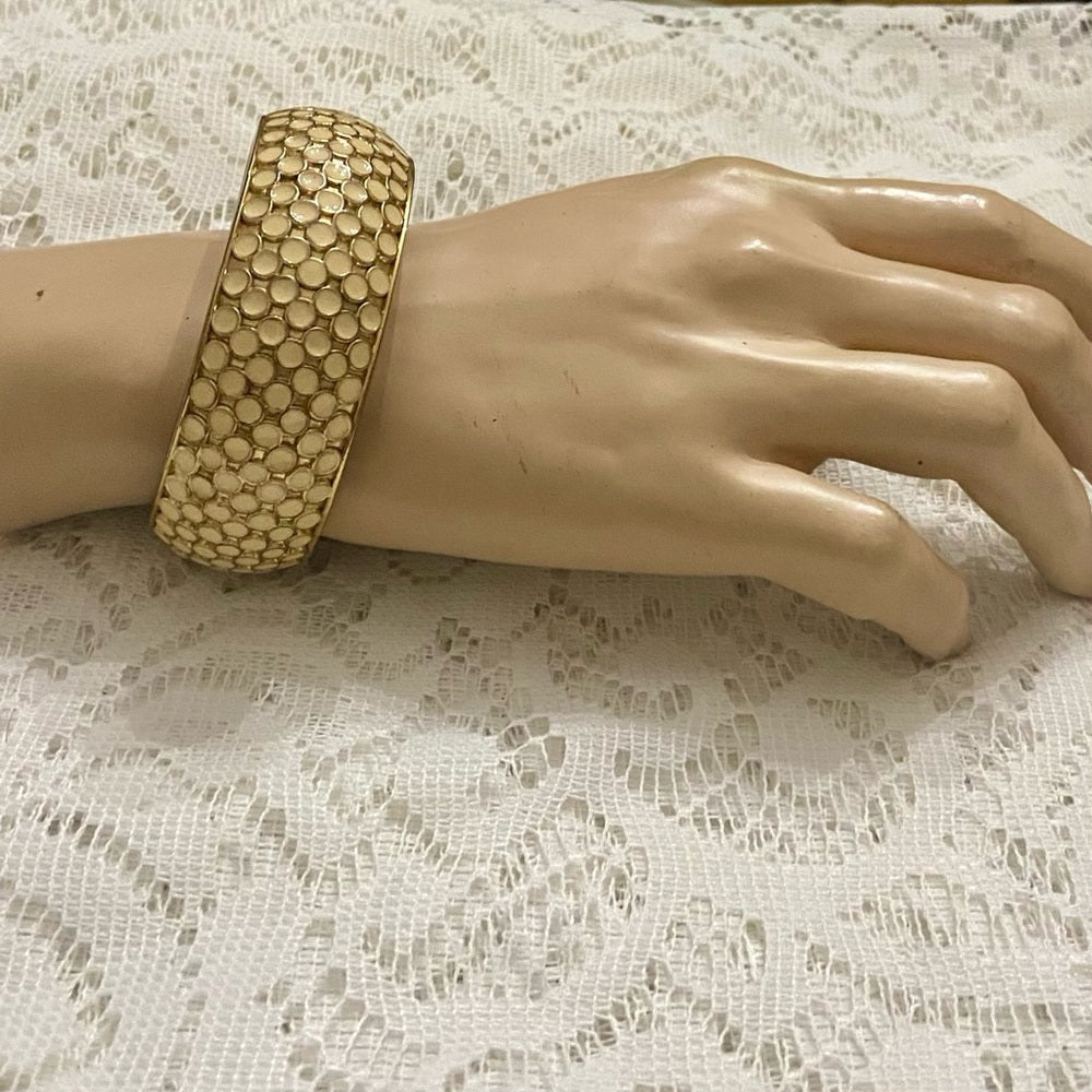 Lot of 2 Vintage Chunky, Black and White Polka Dot Hinged Bangle Bracelets