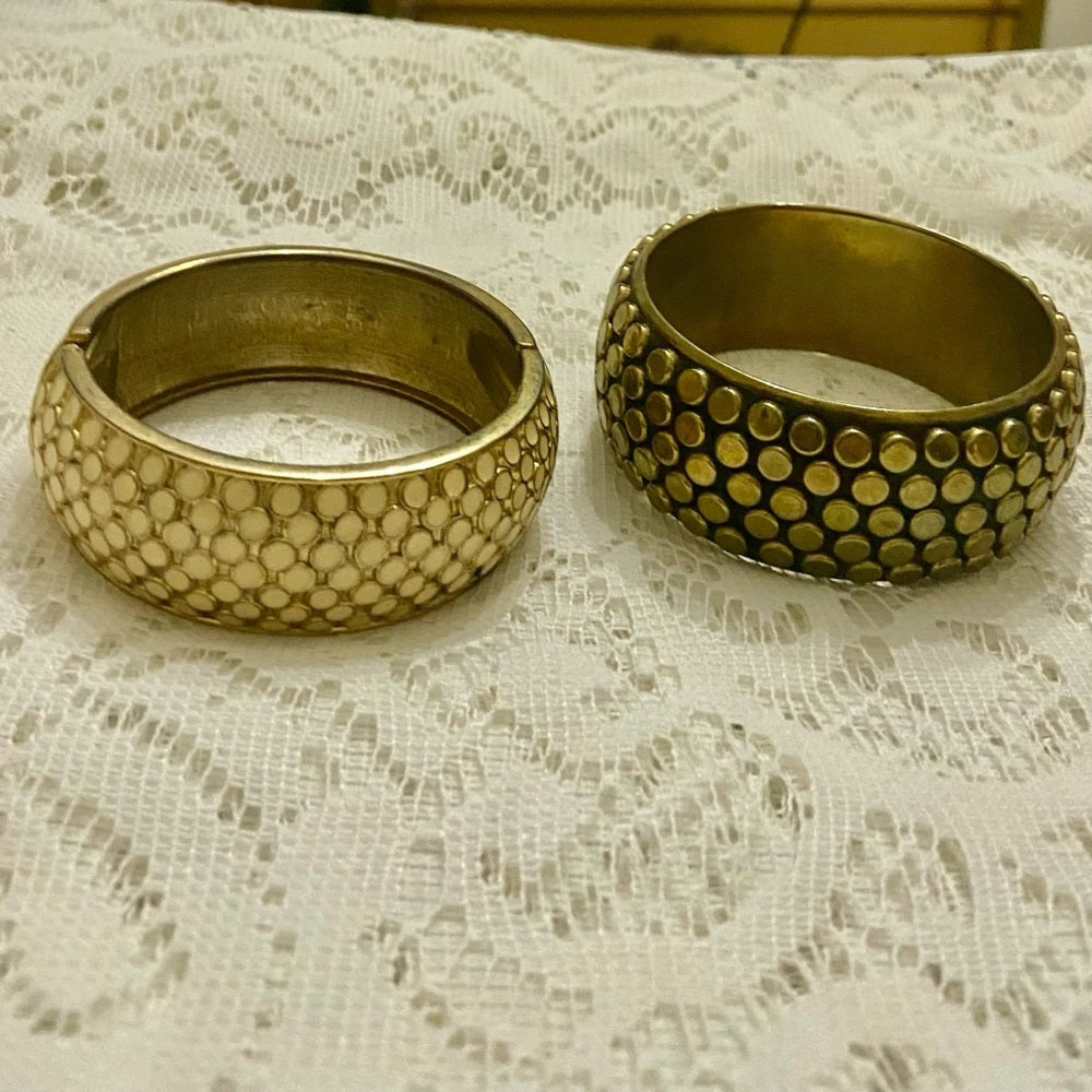 Lot of 2 Vintage Chunky, Black and White Polka Dot Hinged Bangle Bracelets