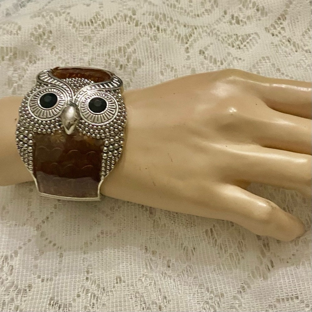 Lot of 2 Vintage Chunky Owl Enamel- Cloisonné Hinged and Tan Brown Agate Bangles