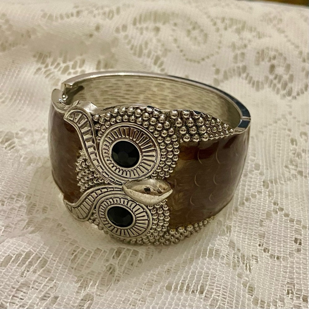 Lot of 2 Vintage Chunky Owl Enamel- Cloisonné Hinged and Tan Brown Agate Bangles