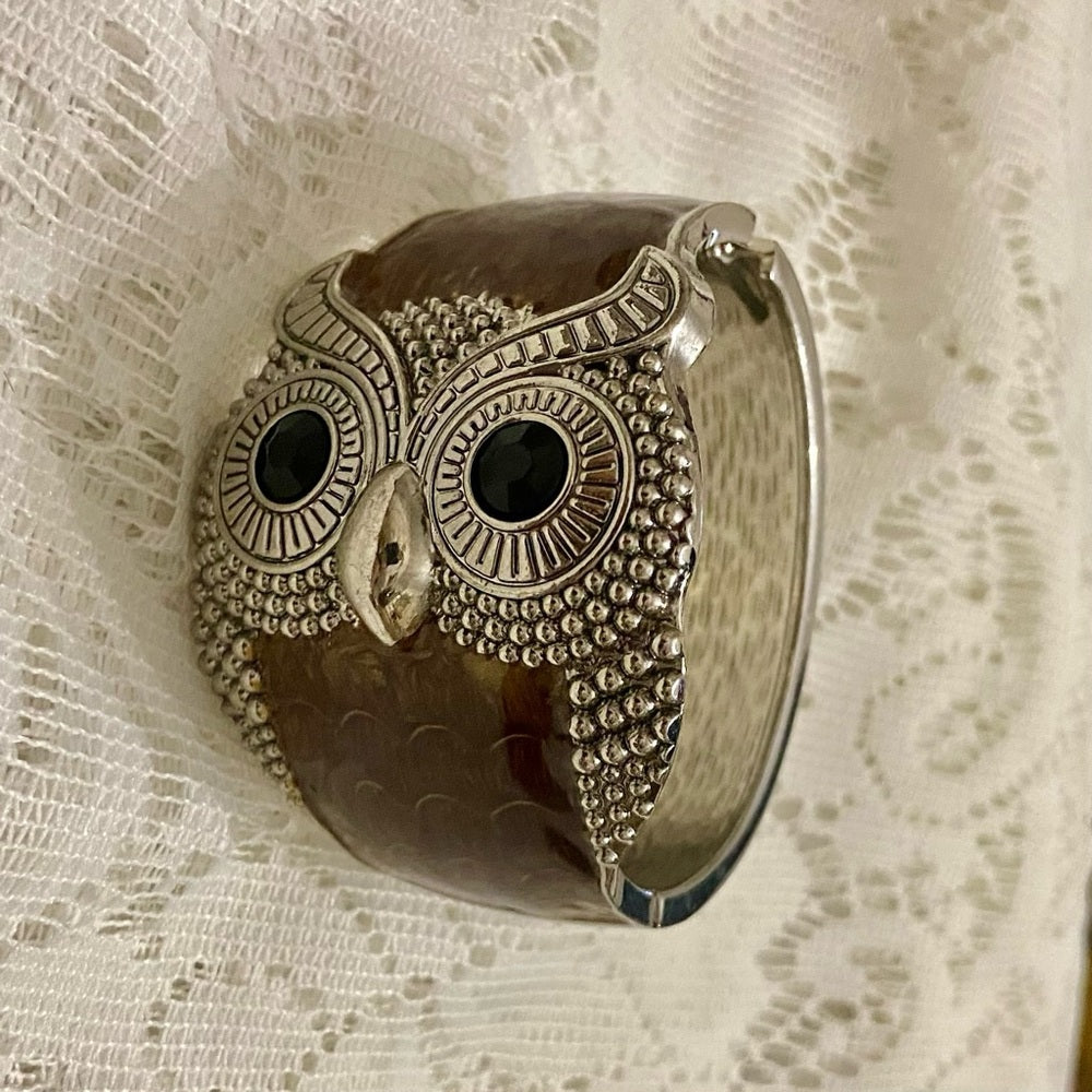 Lot of 2 Vintage Chunky Owl Enamel- Cloisonné Hinged and Tan Brown Agate Bangles