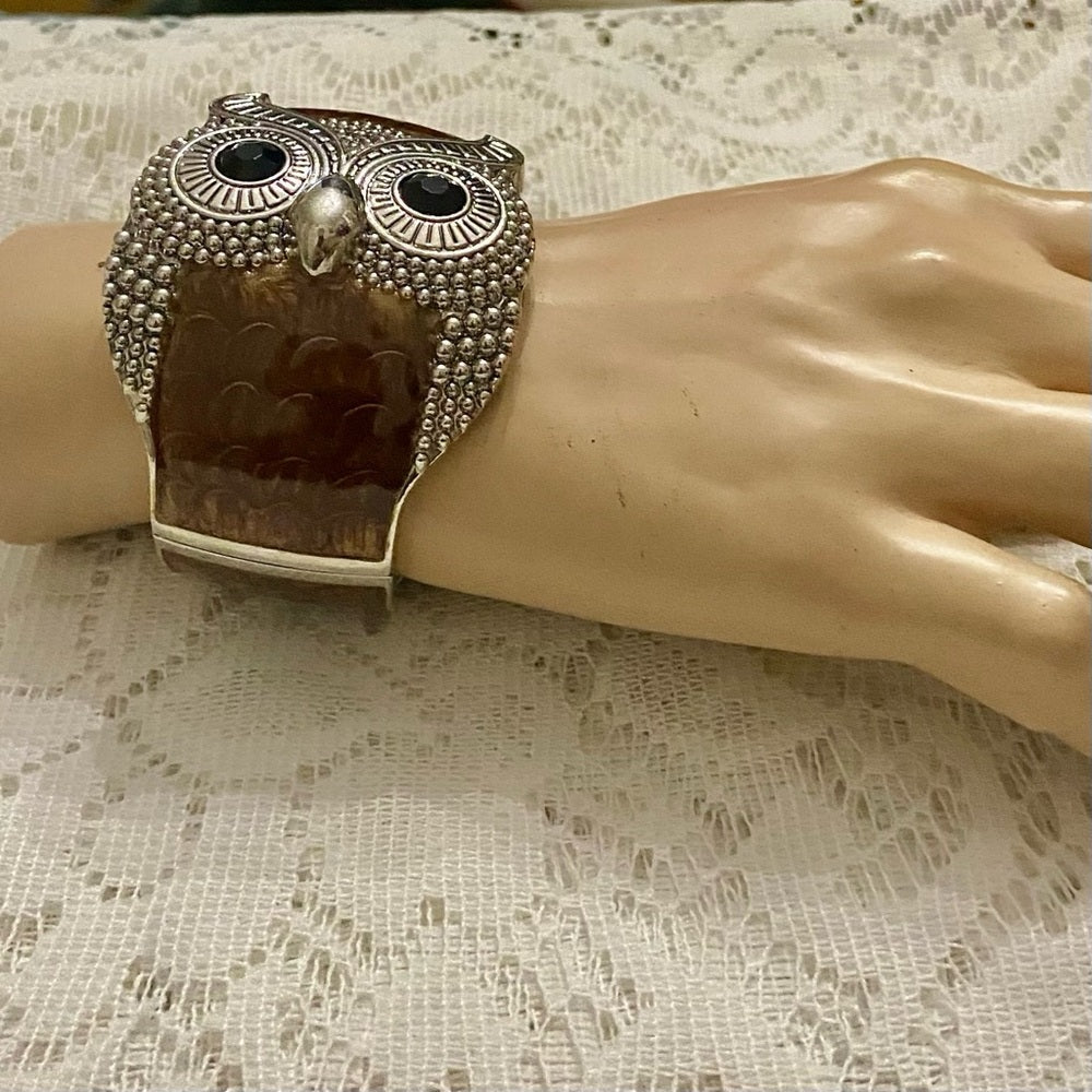 Lot of 2 Vintage Chunky Owl Enamel- Cloisonné Hinged and Tan Brown Agate Bangles